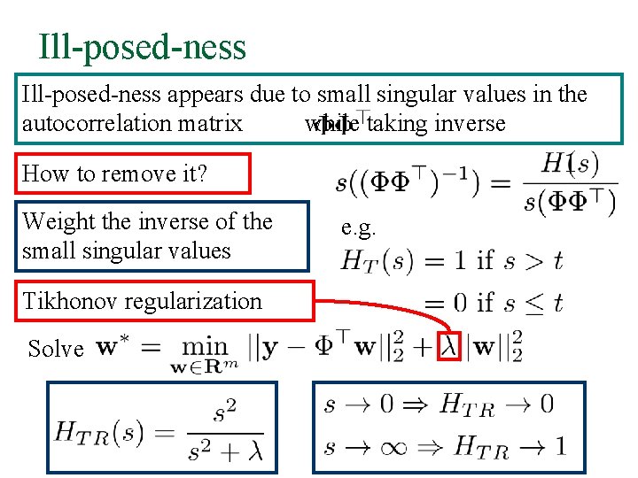 Ill-posed-ness appears due to small singular values in the autocorrelation matrix while taking inverse