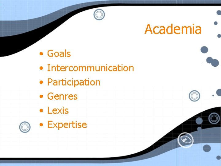 Academia • • • Goals Intercommunication Participation Genres Lexis Expertise 