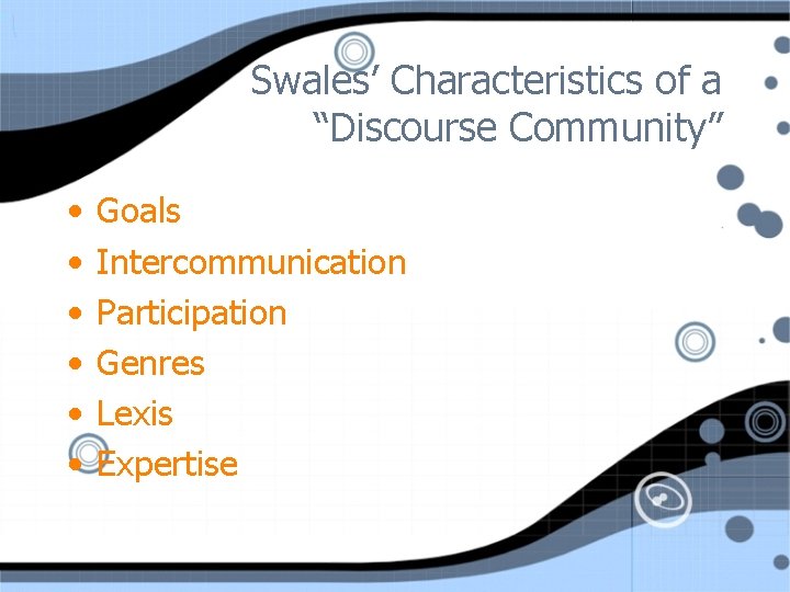 Swales’ Characteristics of a “Discourse Community” • • • Goals Intercommunication Participation Genres Lexis