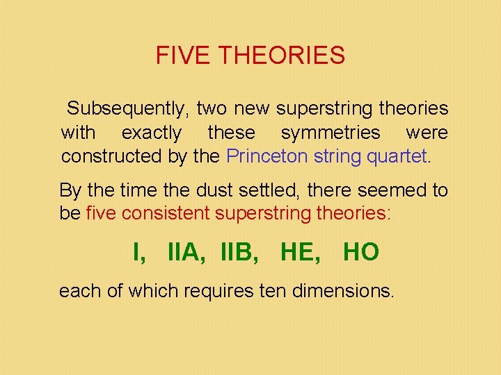 FIVE THEORIES Subsequently, two new superstring theories with exactly these symmetries were constructed by