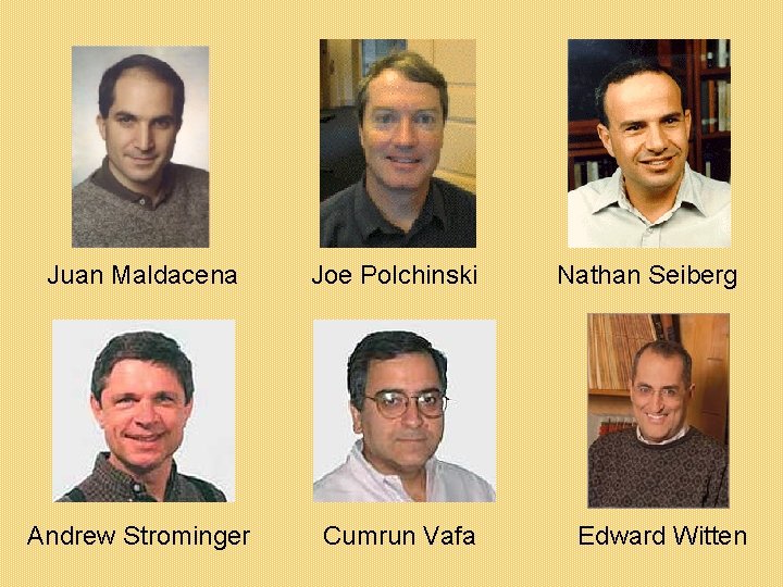 Juan Maldacena Joe Polchinski Andrew Strominger Cumrun Vafa Nathan Seiberg Edward Witten 