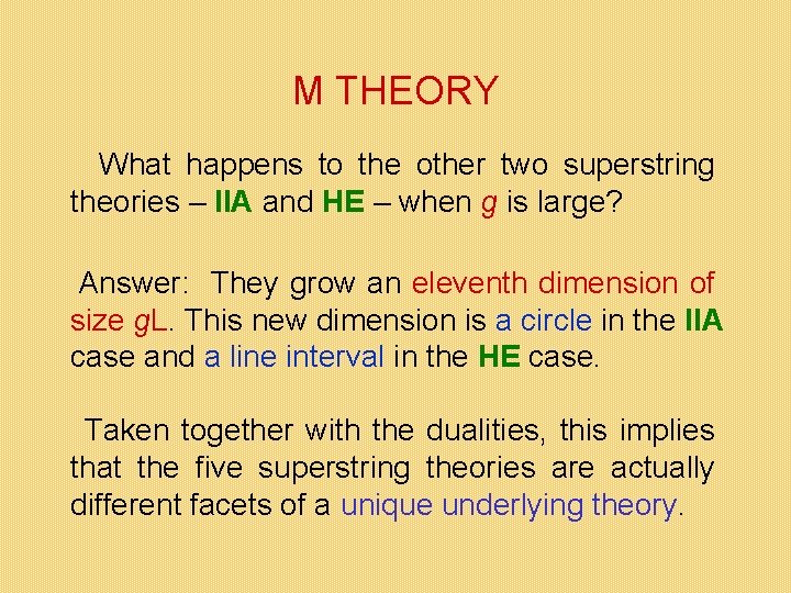 M THEORY What happens to the other two superstring theories – IIA and HE