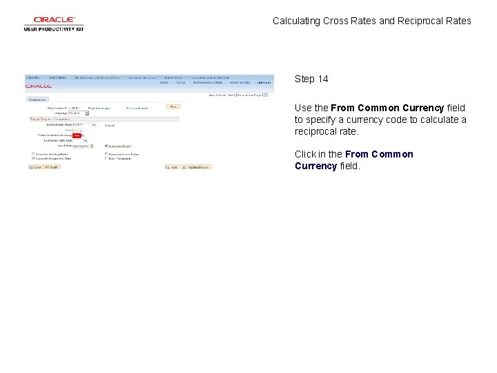 Calculating Cross Rates and Reciprocal Rates Step 14 Use the From Common Currency field