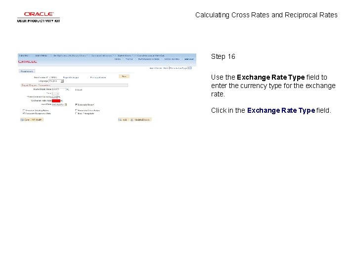 Calculating Cross Rates and Reciprocal Rates Step 16 Use the Exchange Rate Type field