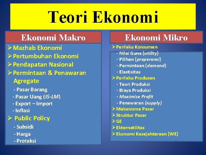 Teori Ekonomi Makro ØMazhab Ekonomi ØPertumbuhan Ekonomi ØPendapatan Nasional ØPermintaan & Penawaran Agregate -