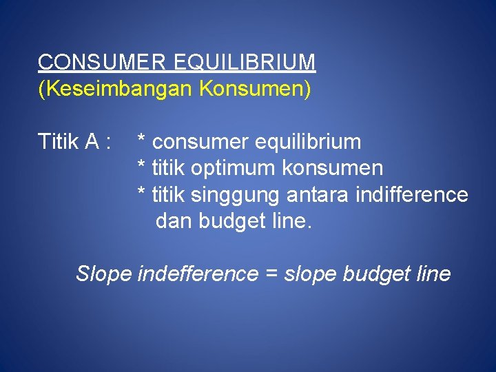 CONSUMER EQUILIBRIUM (Keseimbangan Konsumen) Titik A : * consumer equilibrium * titik optimum konsumen