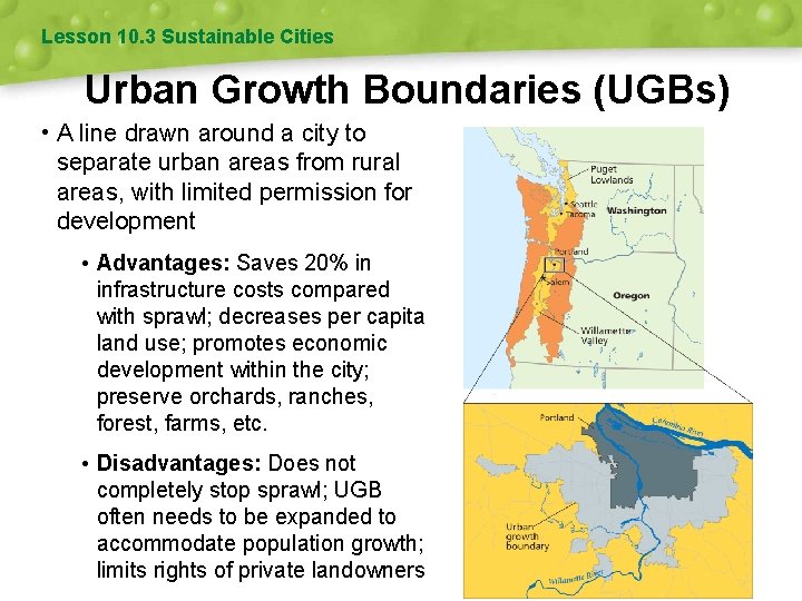 Lesson 10. 3 Sustainable Cities Urban Growth Boundaries (UGBs) • A line drawn around