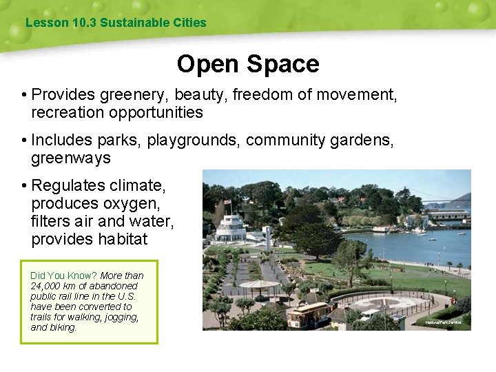 Lesson 10. 3 Sustainable Cities Open Space • Provides greenery, beauty, freedom of movement,
