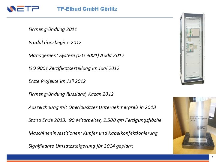 TP-Elbud Gmb. H Görlitz Firmengründung 2011 Produktionsbeginn 2012 Management System (ISO 9001) Audit 2012