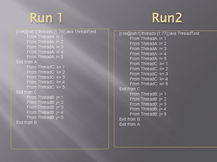 Run 1 [cse@lab 1] threads [1: 76] java Thread. Test From Thread. A: i=