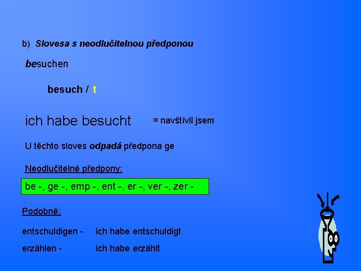 b) Slovesa s neodlučitelnou předponou besuchen besuch / t ich habe besucht = navštívil