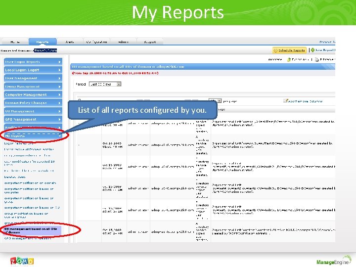 My Reports List of all reports configured by you. 