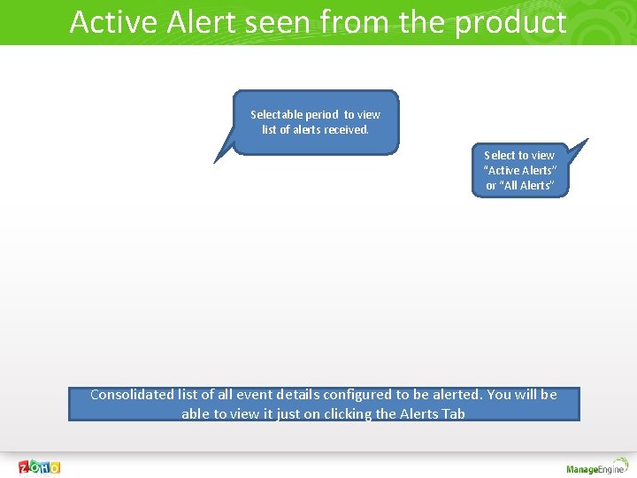 Active Alert seen from the product Selectable period to view list of alerts received.