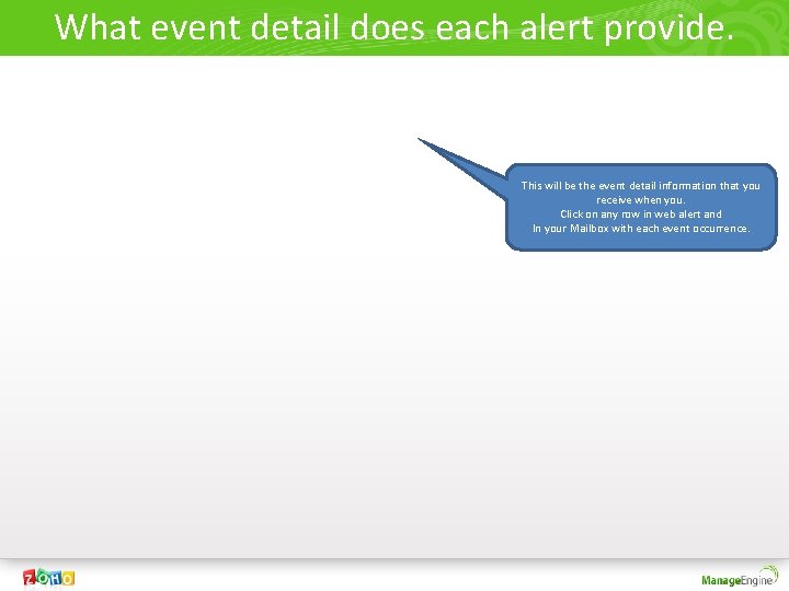 What event detail does each alert provide. This will be the event detail information