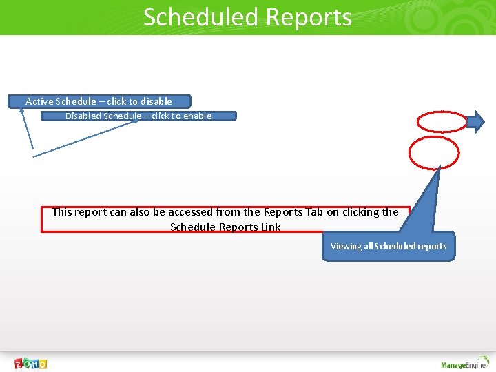 Scheduled Reports Active Schedule – click to disable Disabled Schedule – click to enable