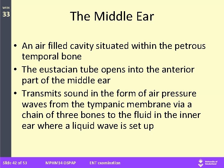 WEEK The Middle Ear 33 • An air filled cavity situated within the petrous