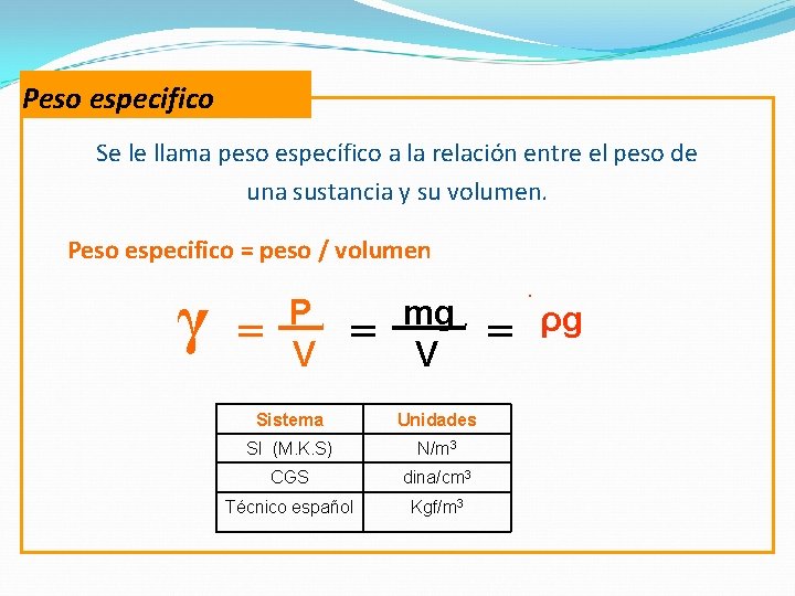 Peso especifico Se le llama peso específico a la relación entre el peso de Peso especifico Se le llama peso específico a la relación entre el peso de