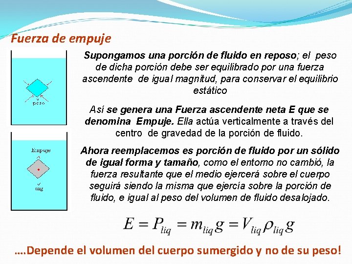 Fuerza de empuje Supongamos una porción de fluido en reposo; el peso de dicha Fuerza de empuje Supongamos una porción de fluido en reposo; el peso de dicha