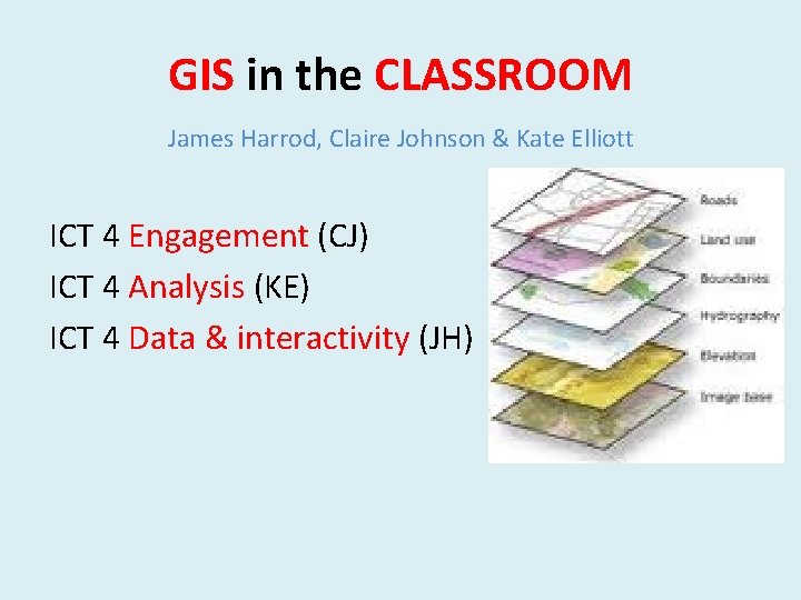 GIS in the CLASSROOM James Harrod, Claire Johnson & Kate Elliott ICT 4 Engagement