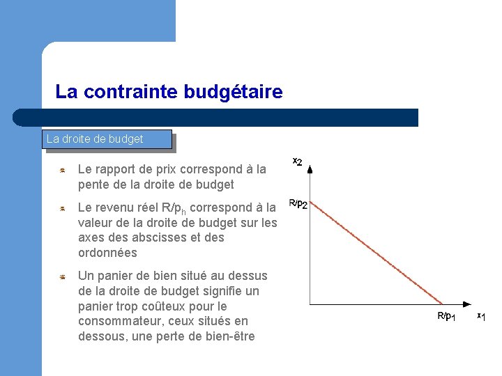 La contrainte budgétaire La droite de budget Le rapport de prix correspond à la