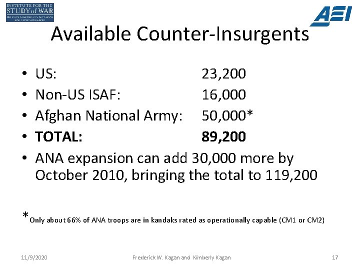 Available Counter-Insurgents • • • US: 23, 200 Non-US ISAF: 16, 000 Afghan National
