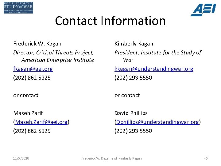 Contact Information Frederick W. Kagan Director, Critical Threats Project, American Enterprise Institute fkagan@aei. org