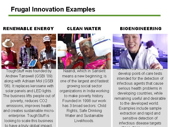 Frugal Innovation Examples RENEWABLE ENERGY Tough. Stuff was founded by Andrew Tanswell (GSBI ’