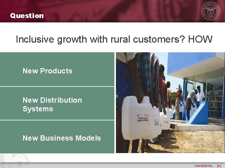 Question Inclusive growth with rural customers? HOW New Products New Distribution Systems New Business