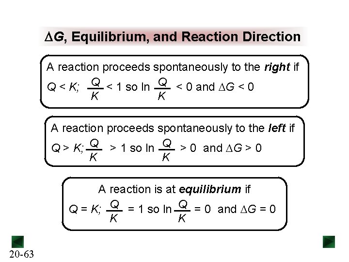 DG, Equilibrium, and Reaction Direction A reaction proceeds spontaneously to the right if Q