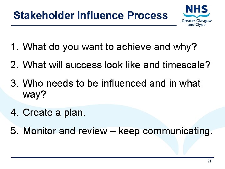 Stakeholder Influence Process 1. What do you want to achieve and why? 2. What