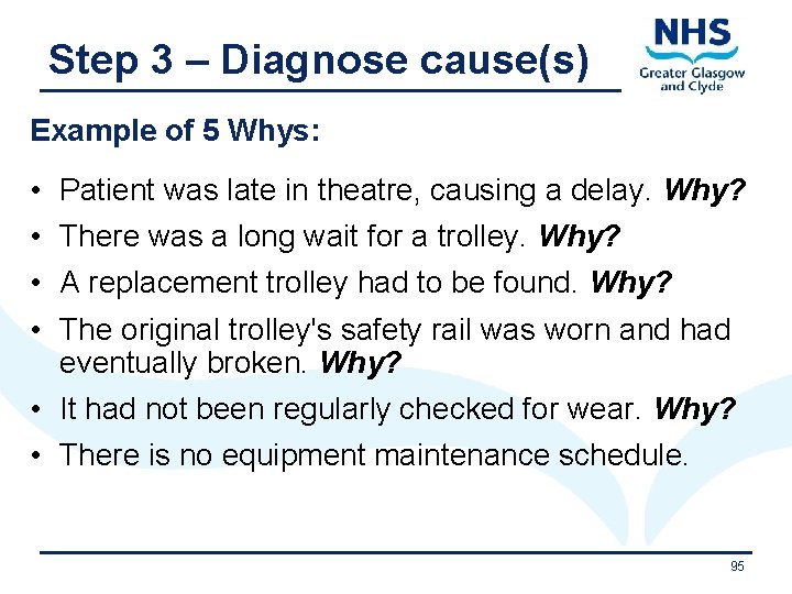 Step 3 – Diagnose cause(s) Example of 5 Whys: • • Patient was late
