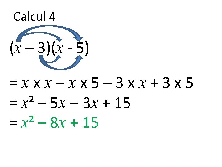 Calcul 4 (x – 3)(x - 5) =xxx–xx 5– 3 xx+3 x 5 =