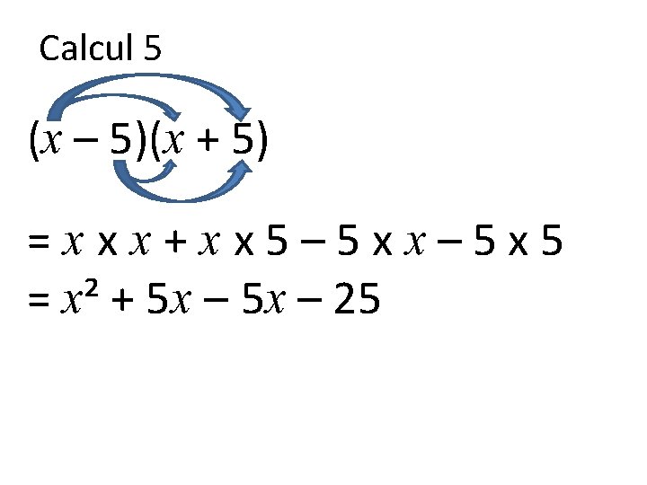 Calcul 5 (x – 5)(x + 5) =xxx+xx 5– 5 xx– 5 x 5