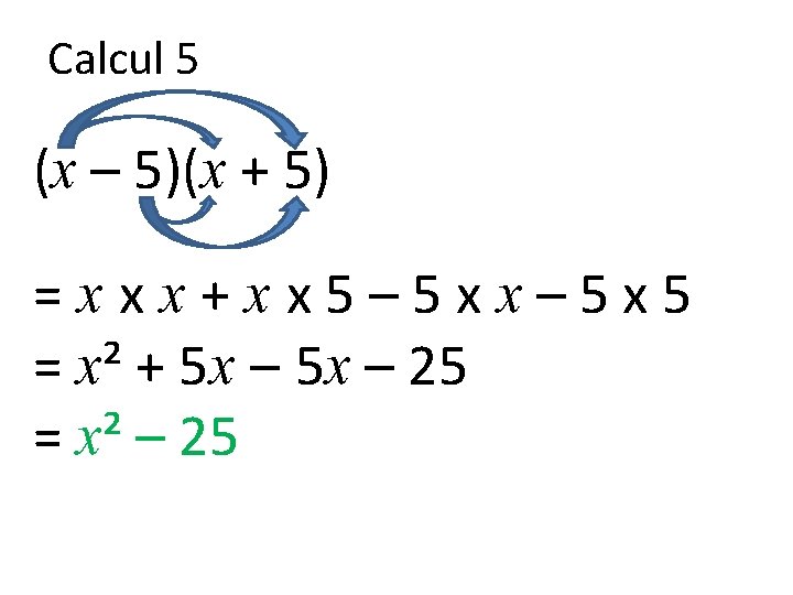 Calcul 5 (x – 5)(x + 5) =xxx+xx 5– 5 xx– 5 x 5