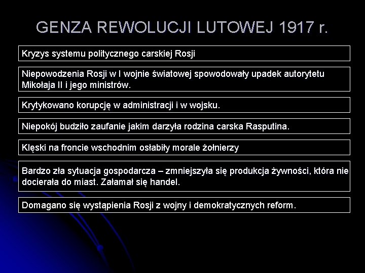 GENZA REWOLUCJI LUTOWEJ 1917 r. Kryzys systemu politycznego carskiej Rosji Niepowodzenia Rosji w I