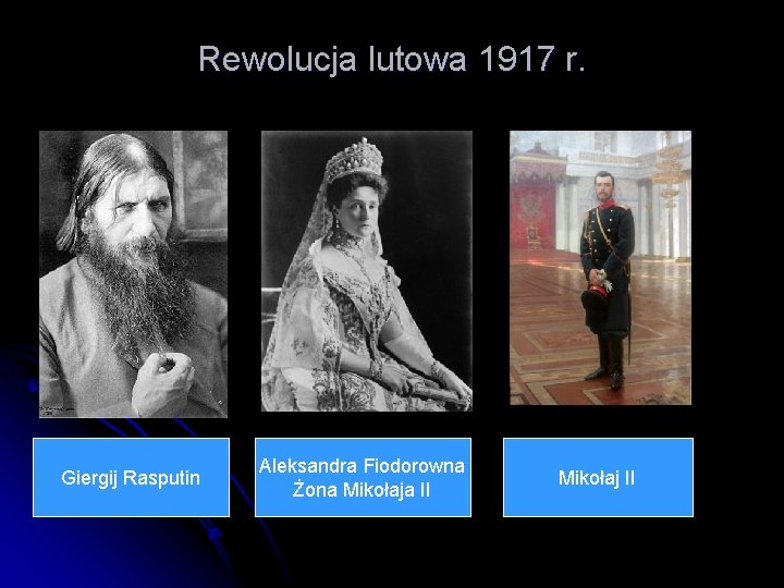 Rewolucja lutowa 1917 r. Giergij Rasputin Aleksandra Fiodorowna Żona Mikołaja II Mikołaj II 