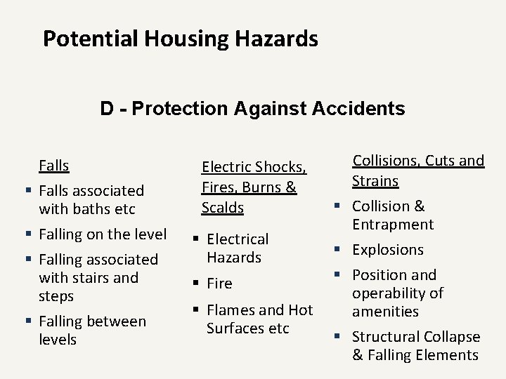 Potential Housing Hazards D - Protection Against Accidents Falls § Falls associated with baths