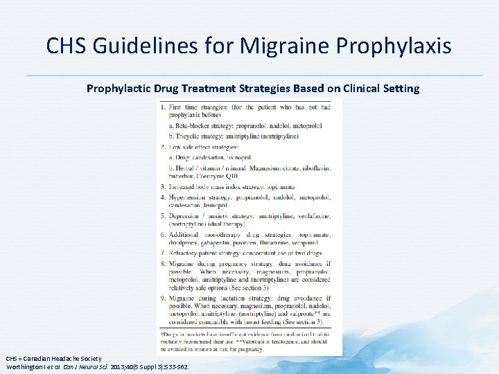 CHS Guidelines for Migraine Prophylaxis Prophylactic Drug Treatment Strategies Based on Clinical Setting CHS