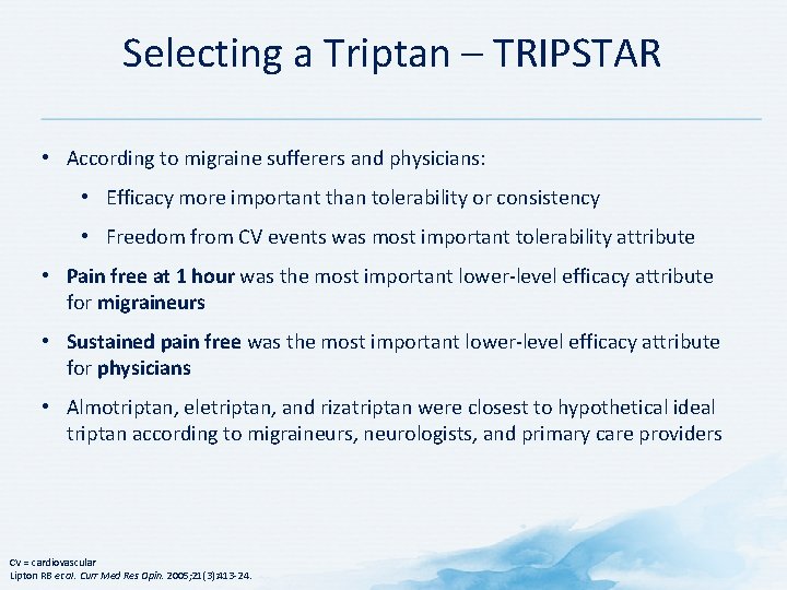 Selecting a Triptan – TRIPSTAR • According to migraine sufferers and physicians: • Efficacy