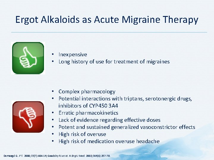 Ergot Alkaloids as Acute Migraine Therapy • Inexpensive • Long history of use for