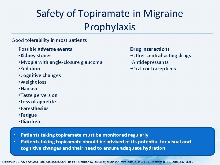 Safety of Topiramate in Migraine Prophylaxis Good tolerability in most patients Possible adverse events