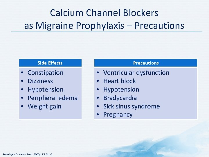 Calcium Channel Blockers as Migraine Prophylaxis – Precautions Side Effects • • • Constipation