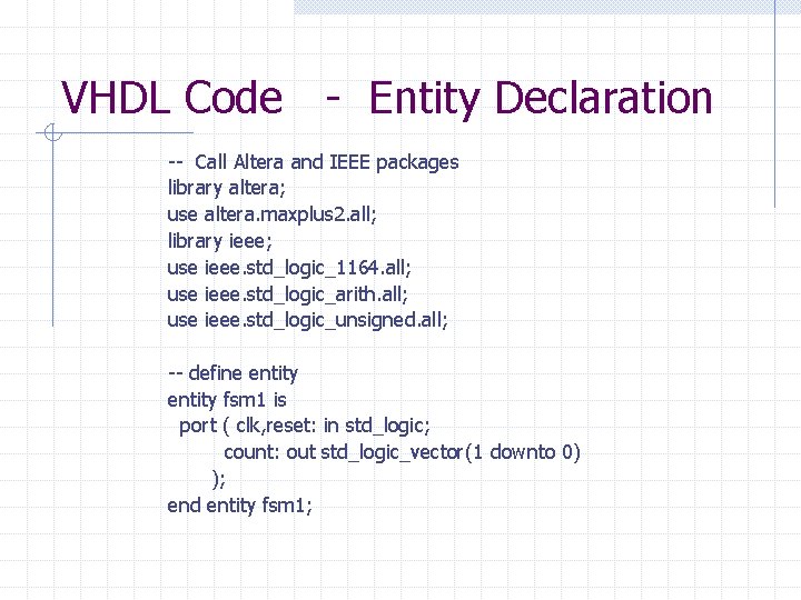 VHDL Code - Entity Declaration -- Call Altera and IEEE packages library altera; use