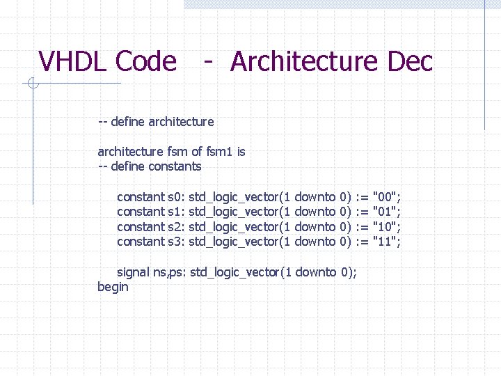 VHDL Code - Architecture Dec -- define architecture fsm of fsm 1 is --