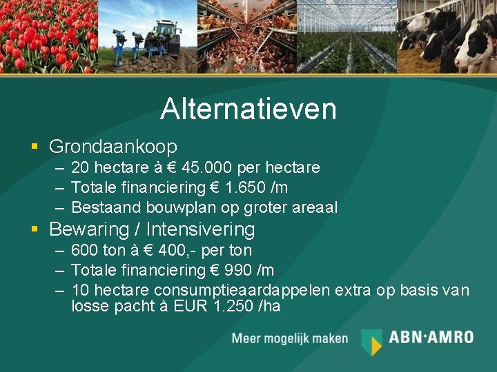 Alternatieven § Grondaankoop – 20 hectare à € 45. 000 per hectare – Totale