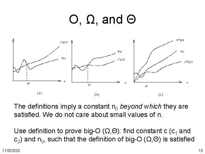 O, Ω, and Θ The definitions imply a constant n 0 beyond which they