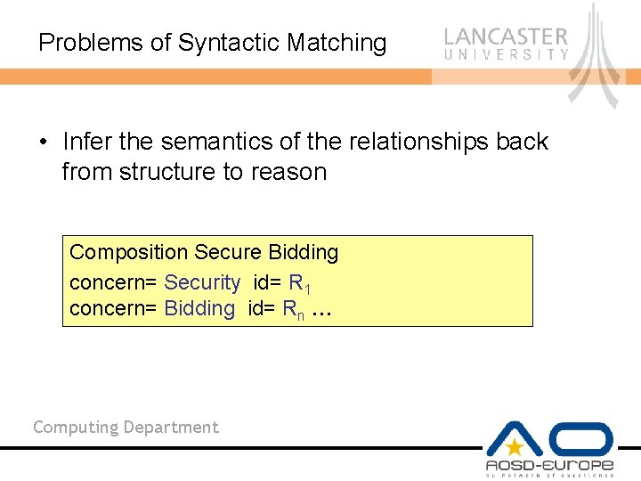Problems of Syntactic Matching • Infer the semantics of the relationships back from structure