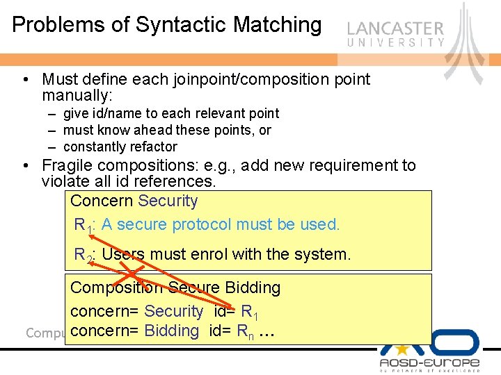 Problems of Syntactic Matching • Must define each joinpoint/composition point manually: – give id/name