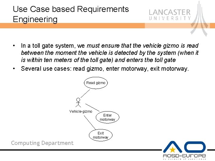 Use Case based Requirements Engineering • In a toll gate system, we must ensure