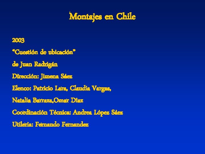 Montajes en Chile 2003 “Cuestión de ubicación” de Juan Radrigán Dirección: Jimena Sáez Elenco: